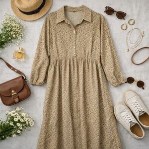 ASOS Beige Floral L Sleeve Poly/elastin Cottagecore Country Dress Ladies 10